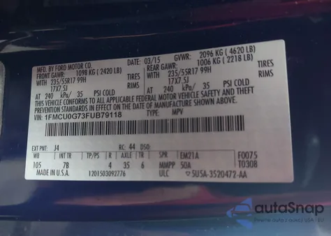 2015 Ford Escape Se from USA, damaged, VIN 1FMCU0G73FUB79118